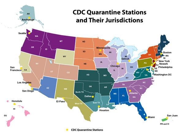 Mapa súčasných „karanténnych staníc“ CDC